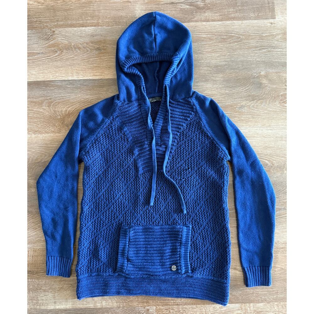 prAna Blue Knit Hoodie Sweater Women’s Small Textured Pullover Kangaroo Pocket